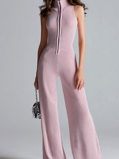 Chic Elegant Pink Stand Collar Sleeveless Zipper-Front Tailored Waist Wide Leg Ribbed Knit Jumpsuit