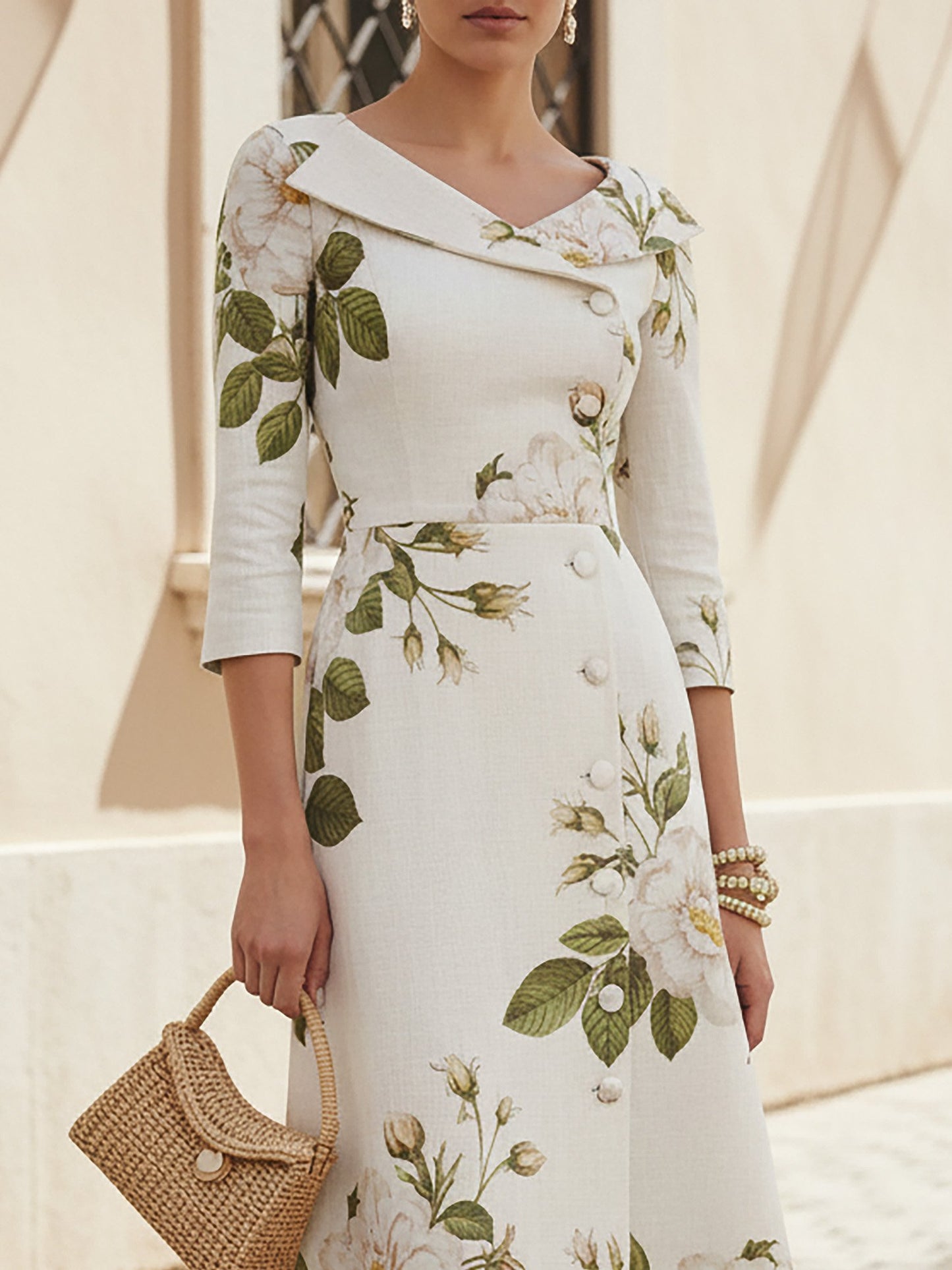 Robe Midi en Lin, Manches Mi-longues, Col Châle, Imprimé Floral, Boutonnée, Vintage, Blanche