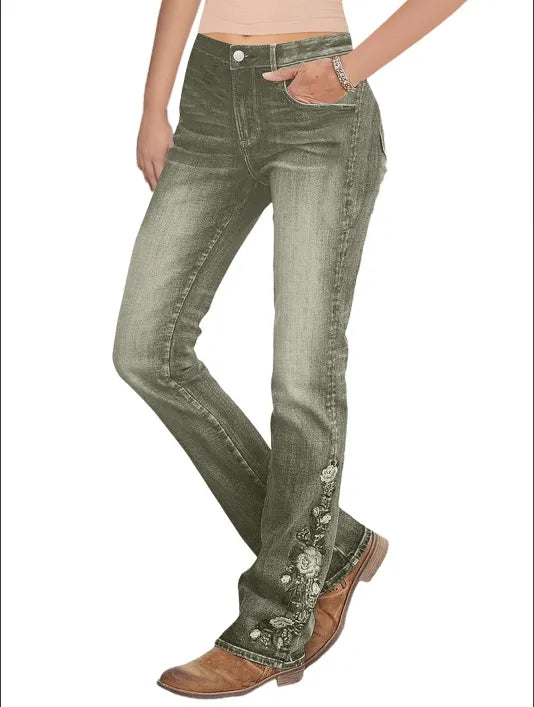 Washed Floral Embroidery Stretchy Mid Waist Bootcut Jeans