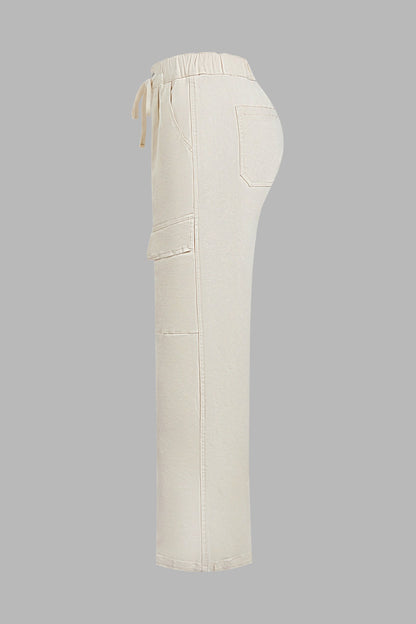 Solid Flap Pocket Drawstring Mid Waist Wide Leg Cargo Pants