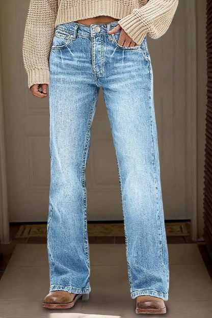 Wash Mid Rise Straight Leg Jeans