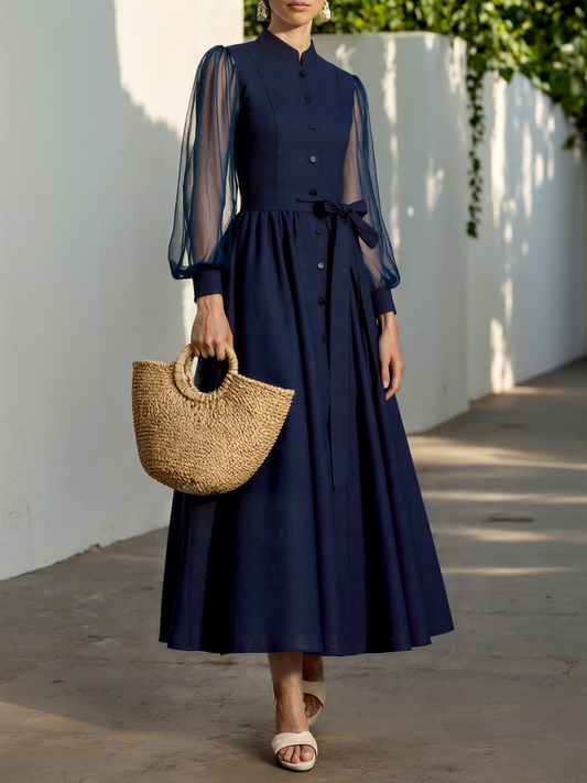 Robe longue en coton, manches longues, col montant, unie, ceinture, vintage français, violet bleu