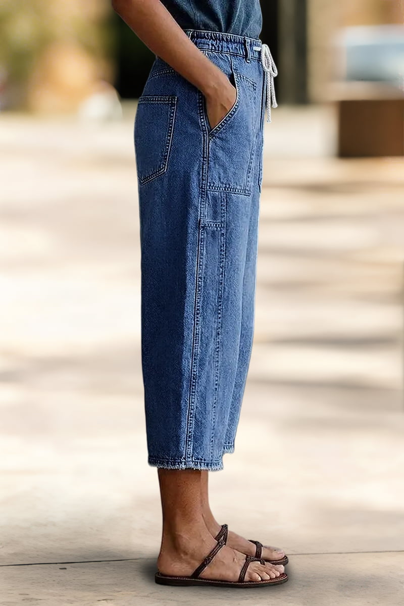 Raw Hem Drawstring Mid Waist Barrel Leg Capri Jeans