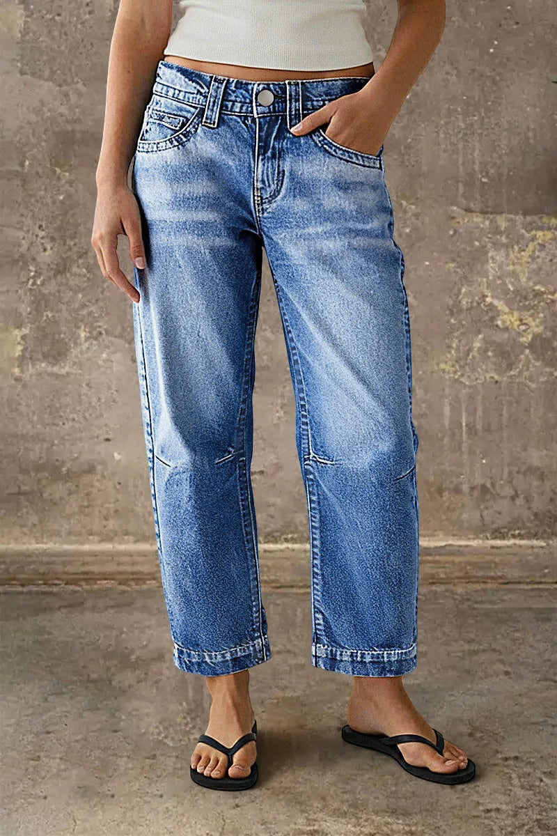 Stitch Detail Mid Waist Straight Leg Crop Jeans