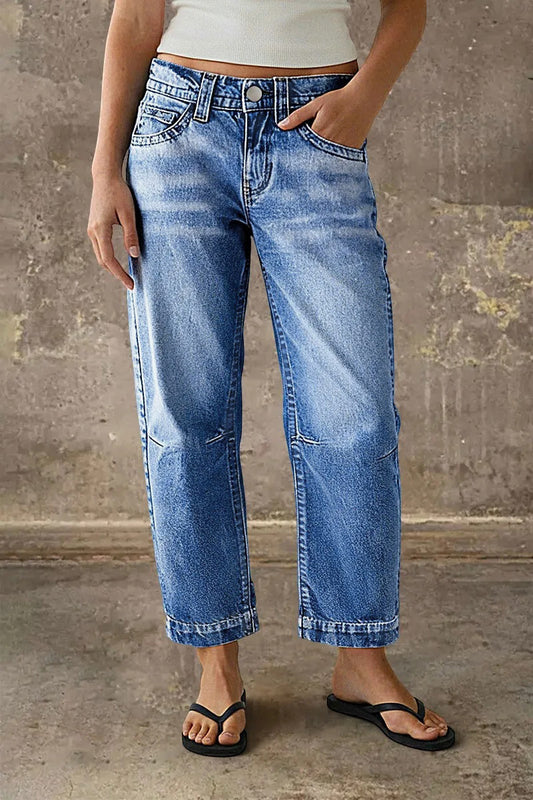Stitch Detail Mid Waist Straight Leg Crop Jeans