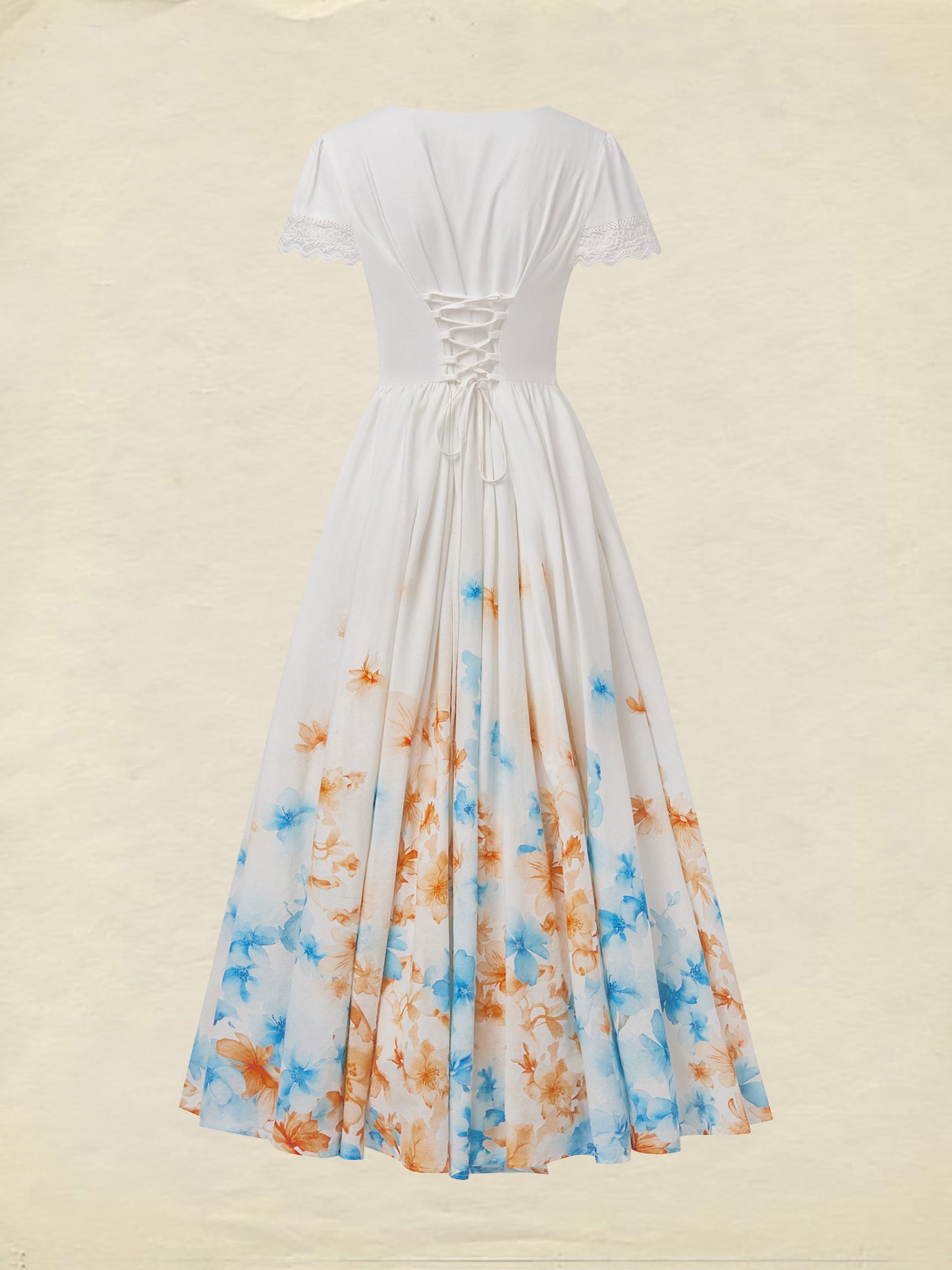 Robe longue en lin, manches courtes, col en dentelle, motif floral, vintage, blanche