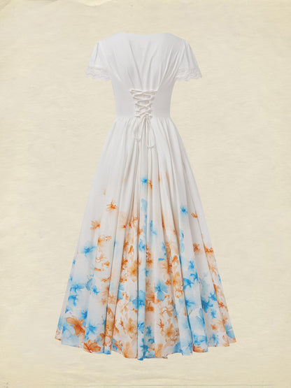 Robe longue en lin, manches courtes, col en dentelle, motif floral, vintage, blanche