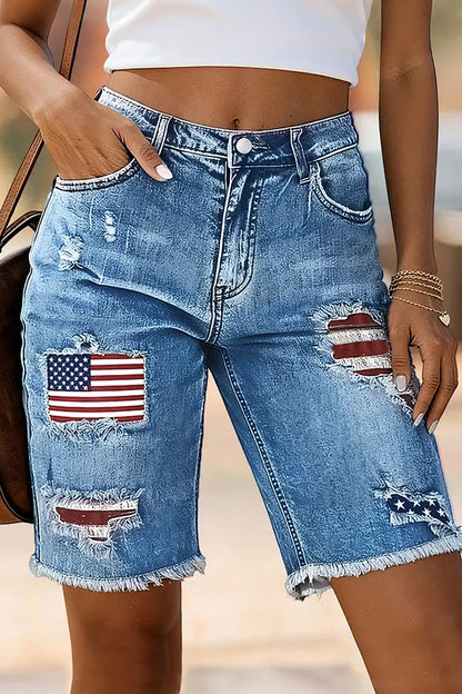 American Flag Patched Ripped Raw Hem Mid Rise Denim Bermuda Shorts