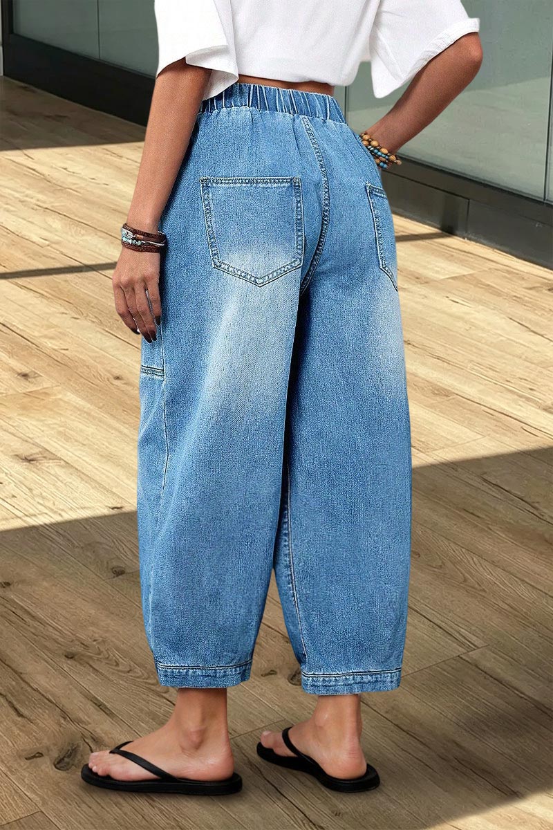 Wash Seam Elastic Mid Rise Wide Leg Crop Barrel Jeans