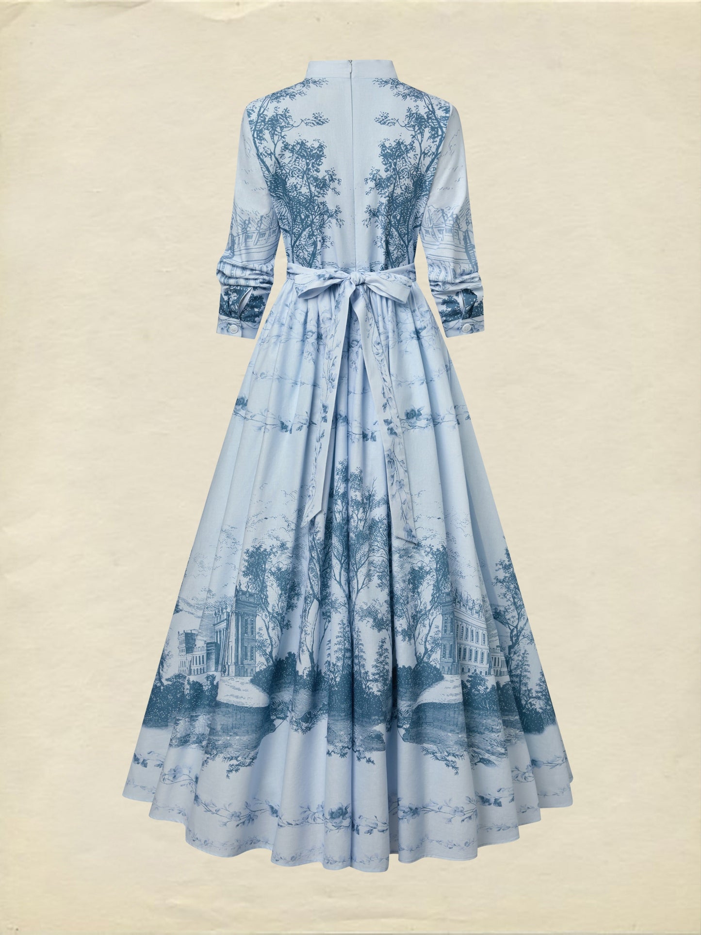 Robe longue en coton, manches longues, col montant, motif floral, poches, style vintage, bleue