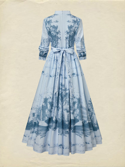 Robe longue en coton, manches longues, col montant, motif floral, poches, style vintage, bleue