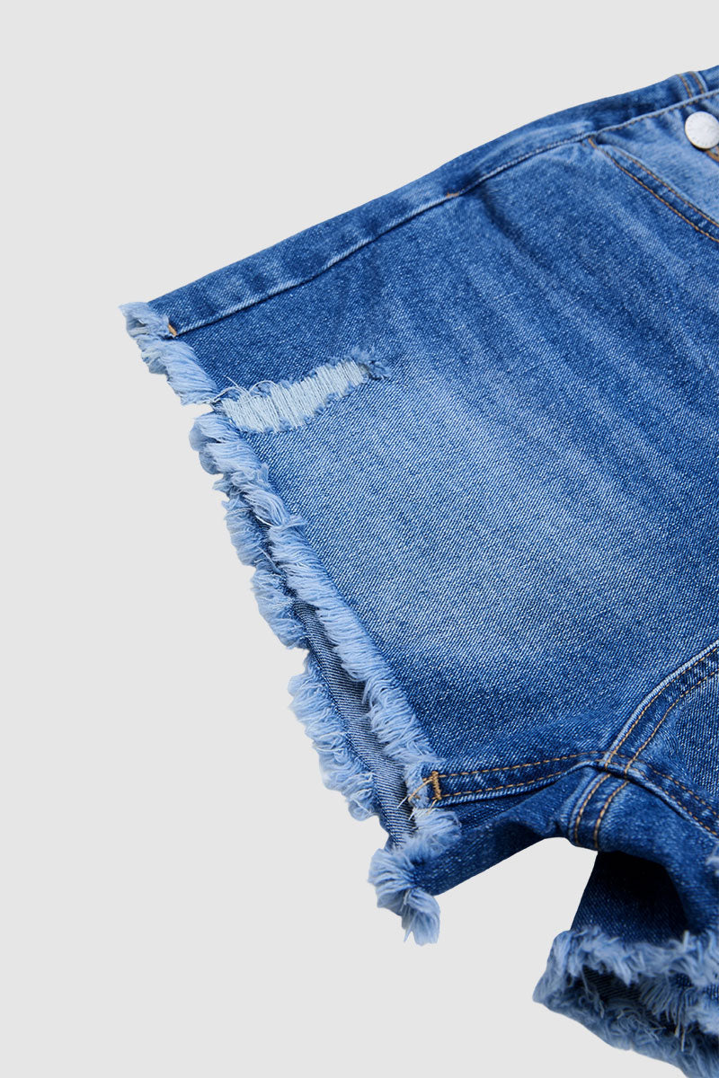 Wash Ripped Raw Hem Patch Pocket Denim Shortalls