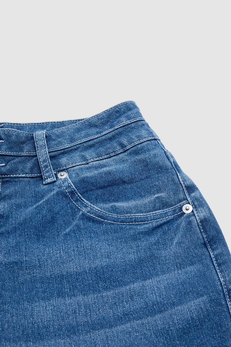 Wash Flap Pocket Dual Button Mid Rise Cargo Denim Bermuda Shorts
