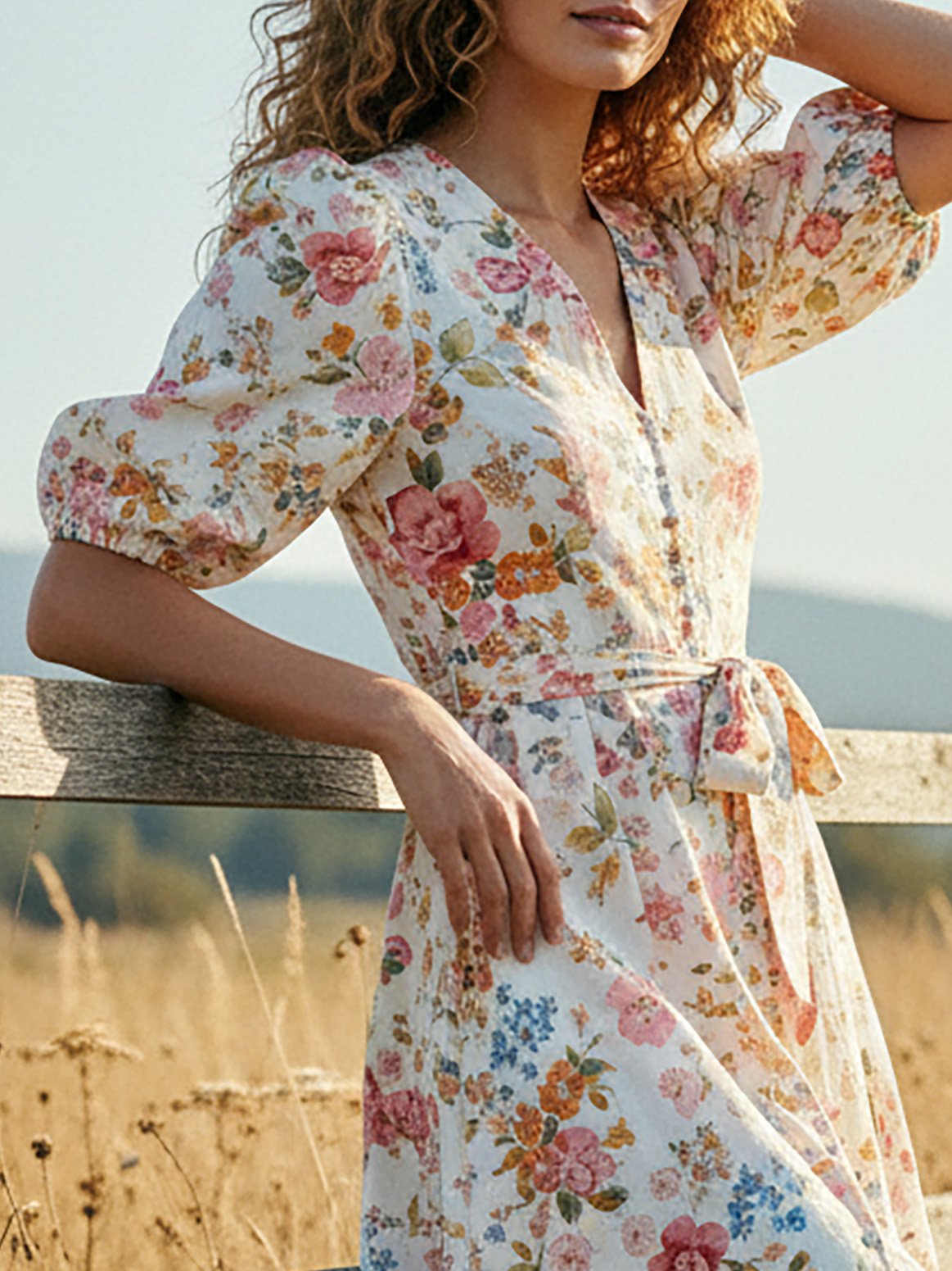 Robe longue en lin, Manches mi-longues, Col en V, Fleurie, Boutons décoratifs, Vacances, Vintage, Blanche