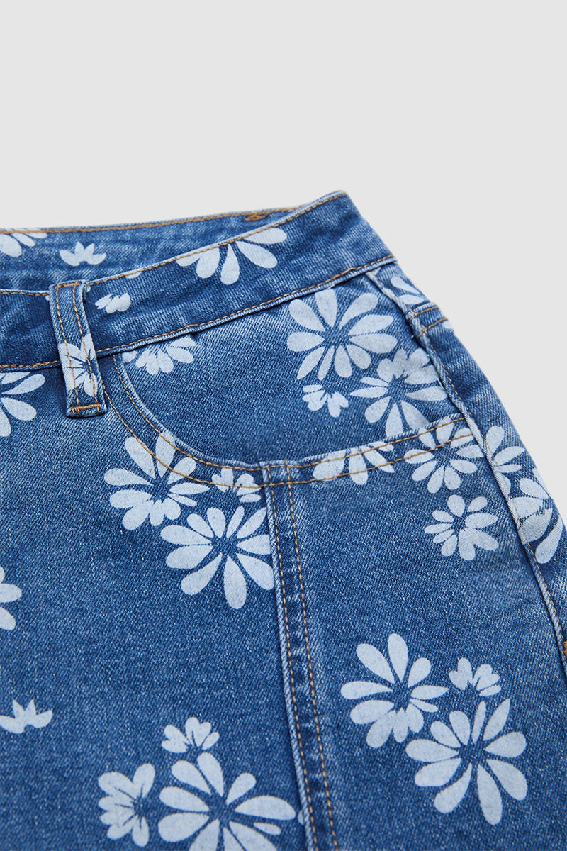 Floral Print Stitch Front Ruffle Hem Mid Rise Denim Shorts