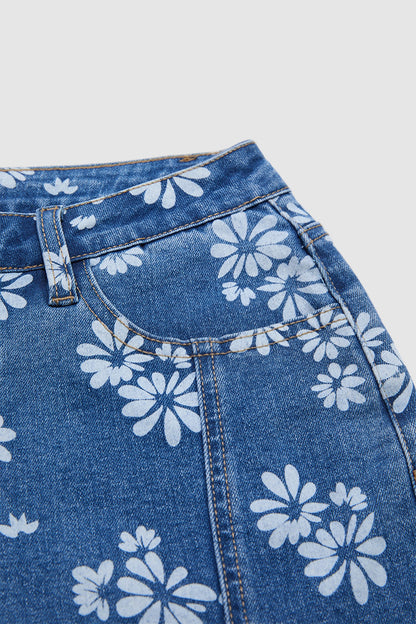 Floral Print Stitch Front Ruffle Hem Mid Rise Denim Shorts