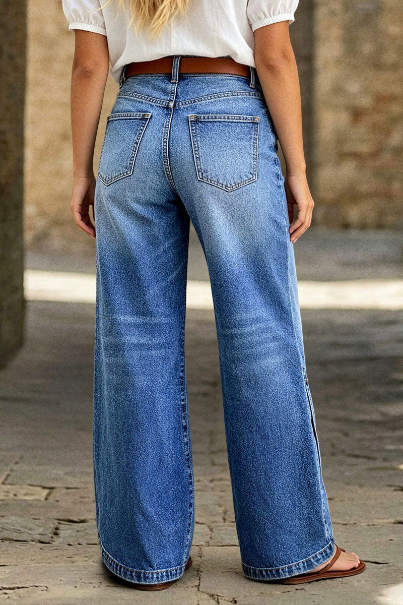 Wash Side Button Detail Split Mid Waist Wide Leg Jeans Without Belt