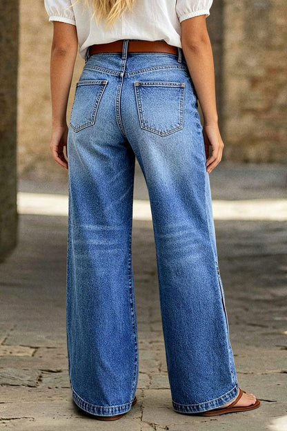 Wash Side Button Detail Split Mid Waist Wide Leg Jeans Without Belt
