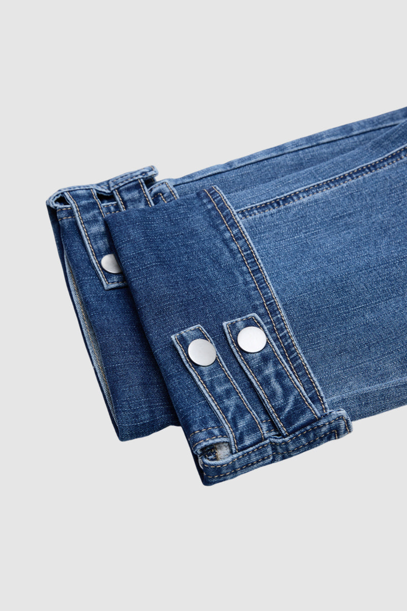 Button Tab Roll Hem Mid Waist Skinny Capri Jeans