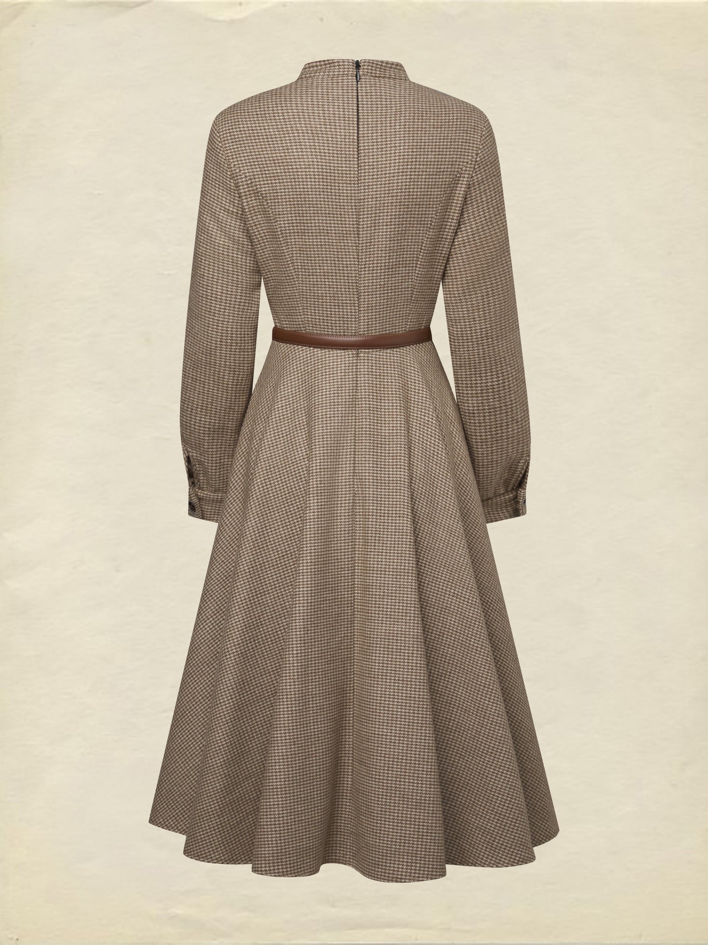 Robe Midi en Laine, Manches Longues, Col Montant, Pied-de-Poule, Boutonnée, Vintage, Marron