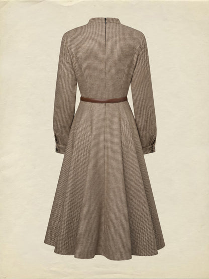 Robe Midi en Laine, Manches Longues, Col Montant, Pied-de-Poule, Boutonnée, Vintage, Marron
