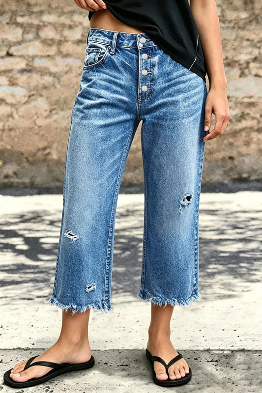 Raw Hem Ripped Button Fly Mid Waist Straight Leg Crop Jeans