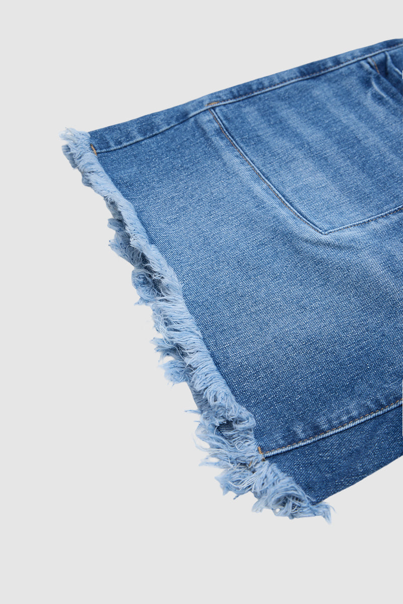 Wash Raw Hem Patched Pocket High Waist Denim Mid Thigh Shorts