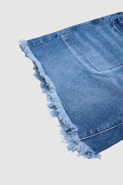 Wash Raw Hem Patched Pocket High Waist Denim Mid Thigh Shorts