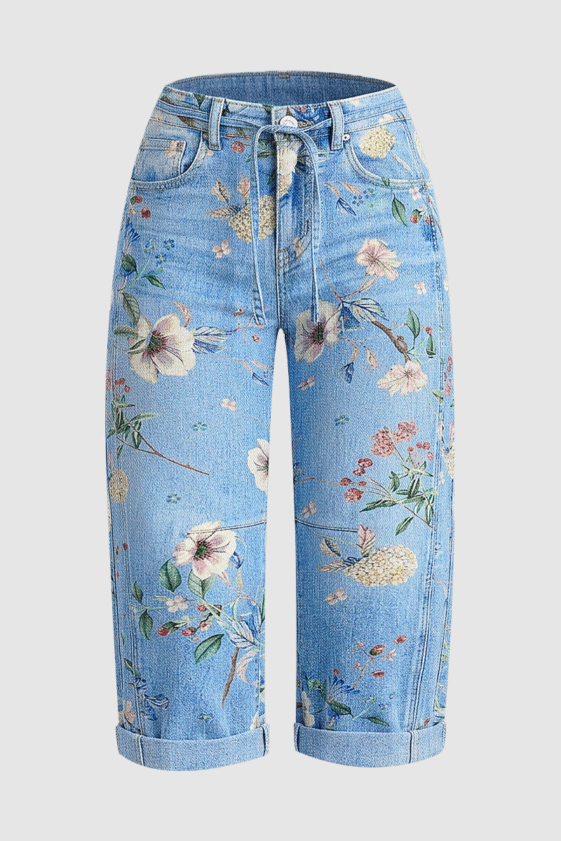 Floral Pattern Drawstring Stitch Detail Mid Waist Barrel Leg Capri Jeans