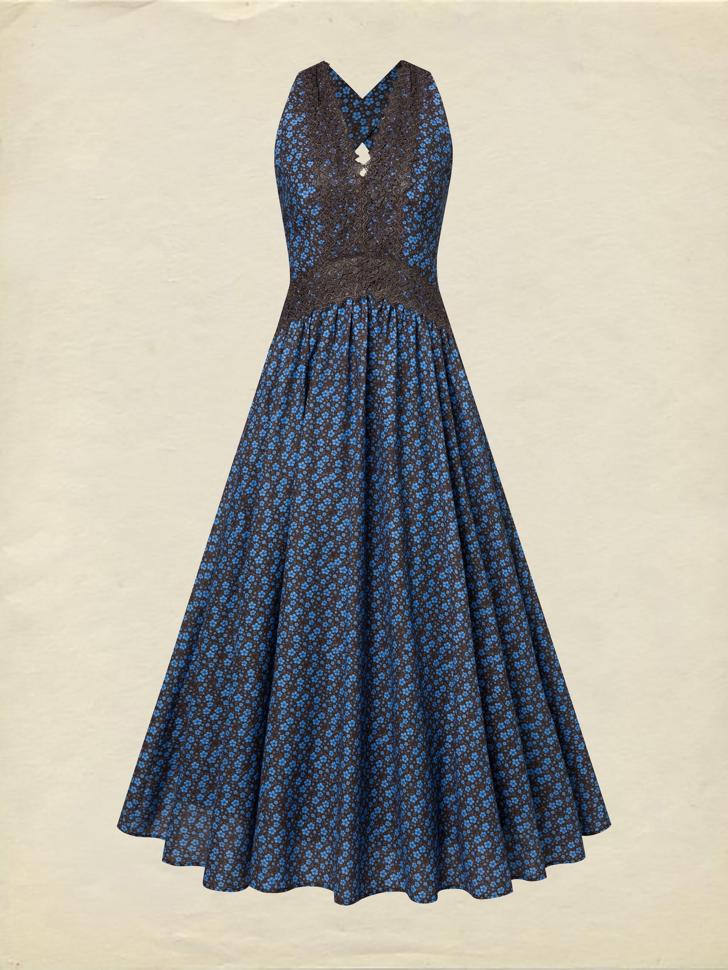 Robe longue en coton, sans manches, col en V, motifs floraux, dentelle, vintage, bleue