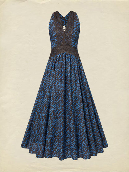 Robe longue en coton, sans manches, col en V, motifs floraux, dentelle, vintage, bleue
