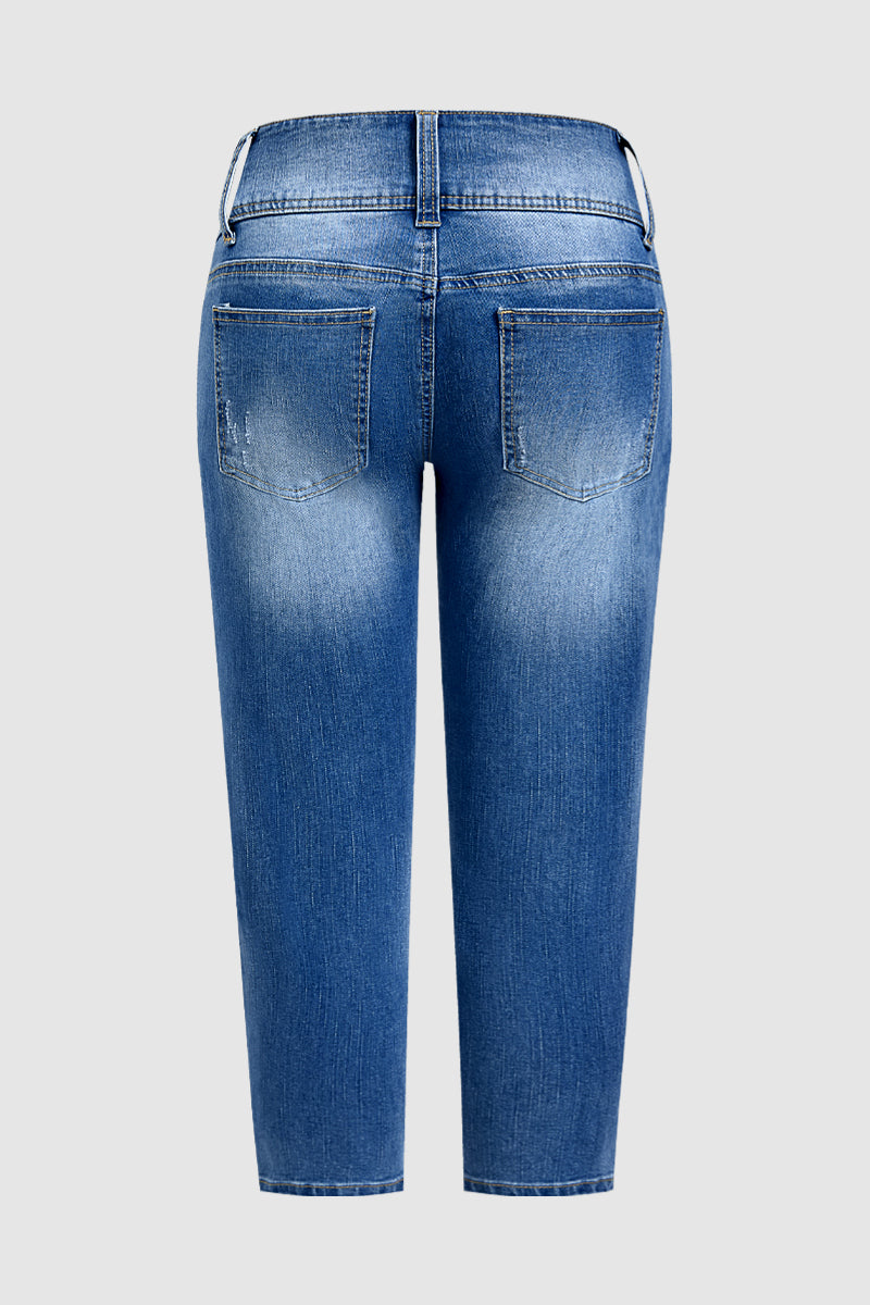 Wash Button Decor Mid Waist Skinny Capri Jeans