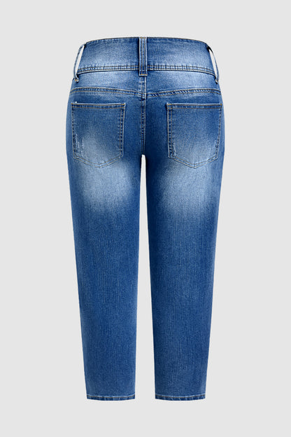 Wash Button Decor Mid Waist Skinny Capri Jeans