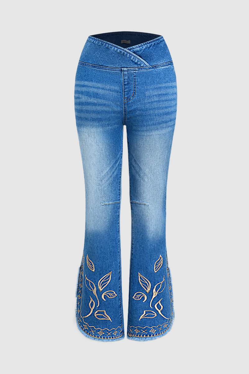 Plant Embroidery Raw Hem Asymmetrical Split Mid Waist Flare Jeans