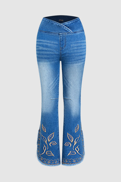 Plant Embroidery Raw Hem Asymmetrical Split Mid Waist Flare Jeans