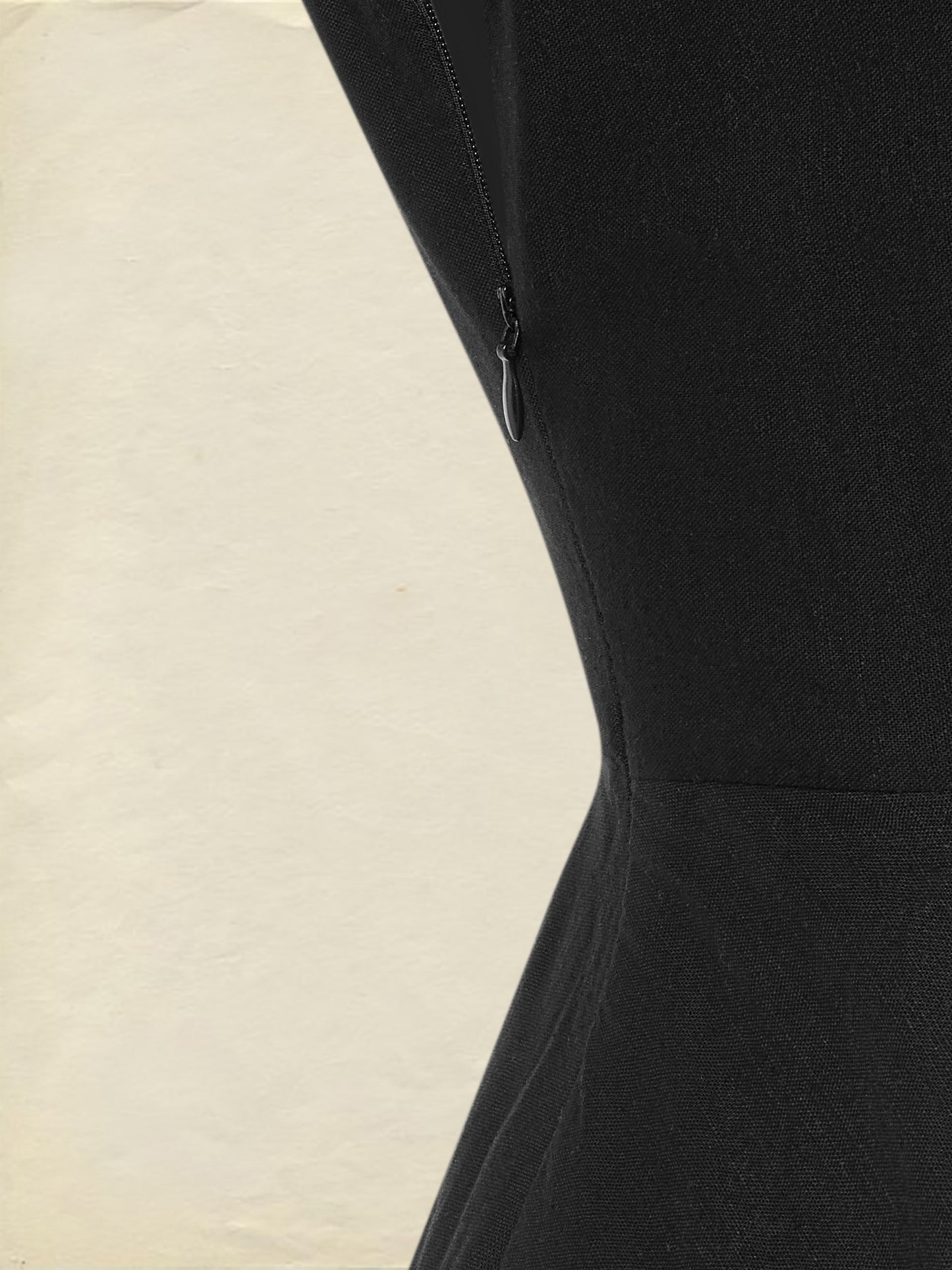 Robe Midi en Lin, Sans Manches, Col en Dentelle, Unie, Dentelle, Vintage Français, Noir