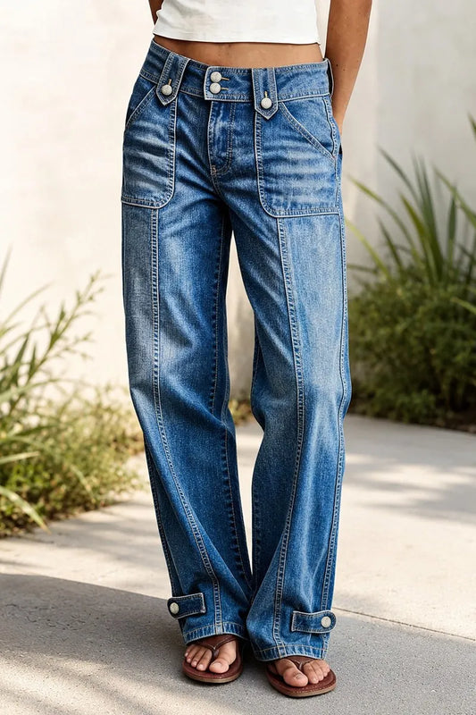 Stitch Detail Button Tab Wide Leg Mid Waist Jeans