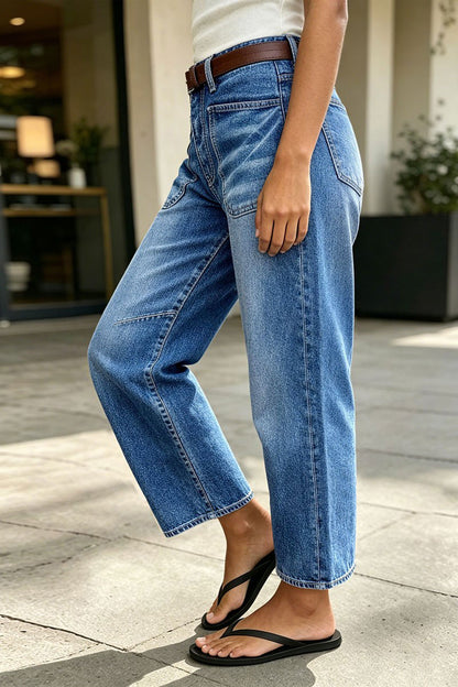 Wash Patched Pocket Mid Waist Straight Leg Crop Jeans Without Belt