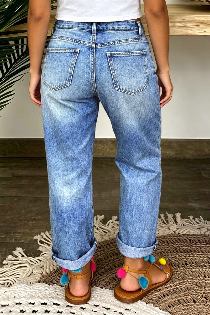 Wash Ripped Roll Hem Button Fly Mid Rise Straight Leg Crop Jeans