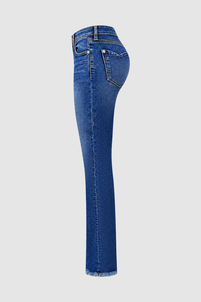 Wash Raw Hem V Cut Pocket Mid Rise Bootcut Jeans