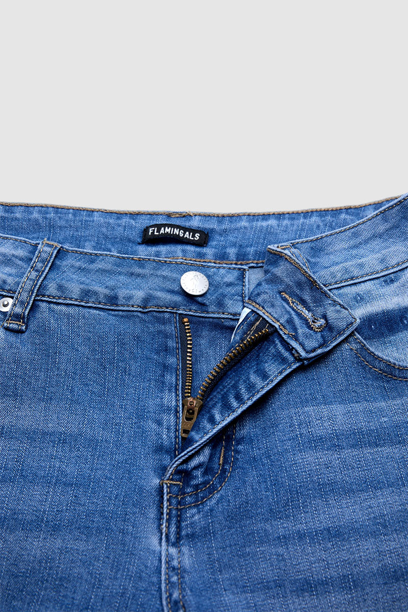 Wash Split Hollow Out Mid Waist Denim Bermuda Shorts
