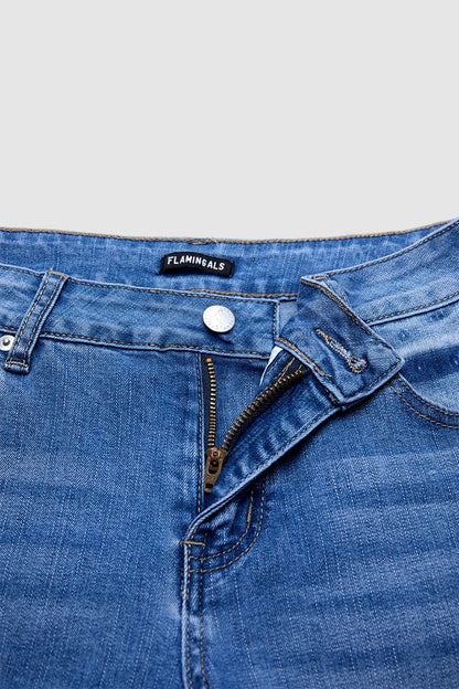 Wash Split Hollow Out Mid Waist Denim Bermuda Shorts