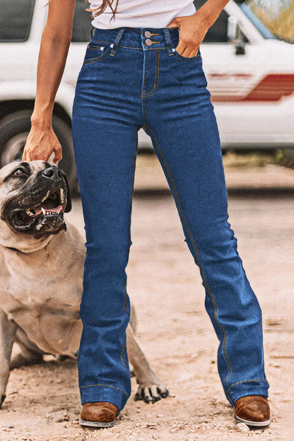 Double Button Stitch Detail High Waist Bootcut Jeans