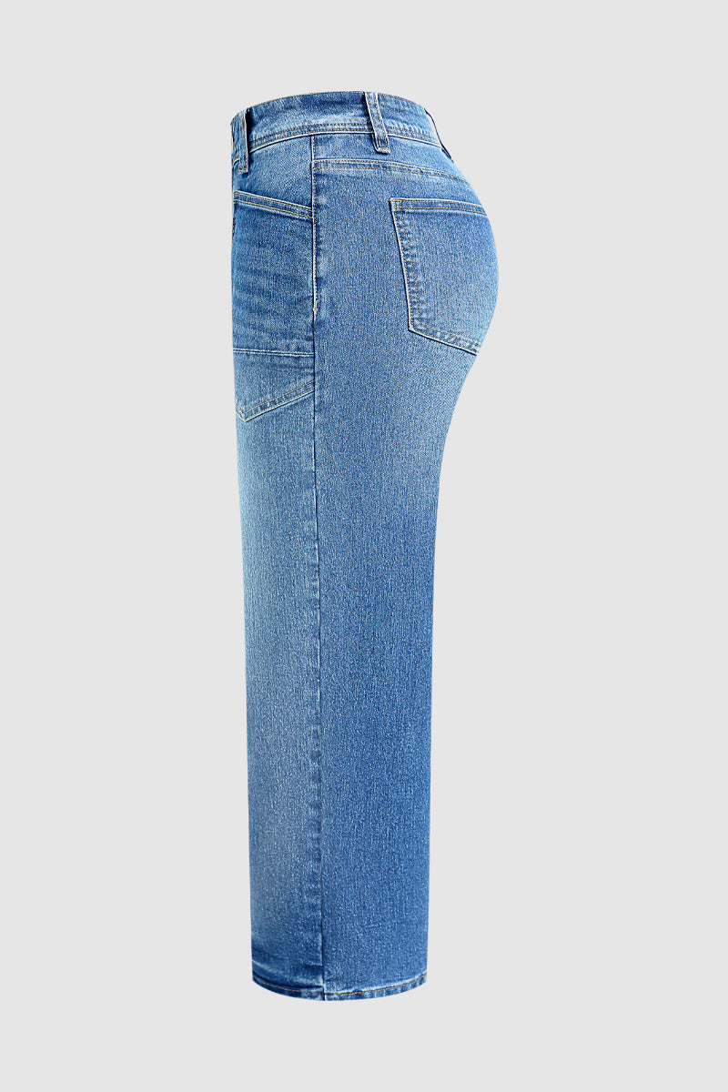 Wash Patch Pocket Mid Rise Straight Leg Crop Jeans