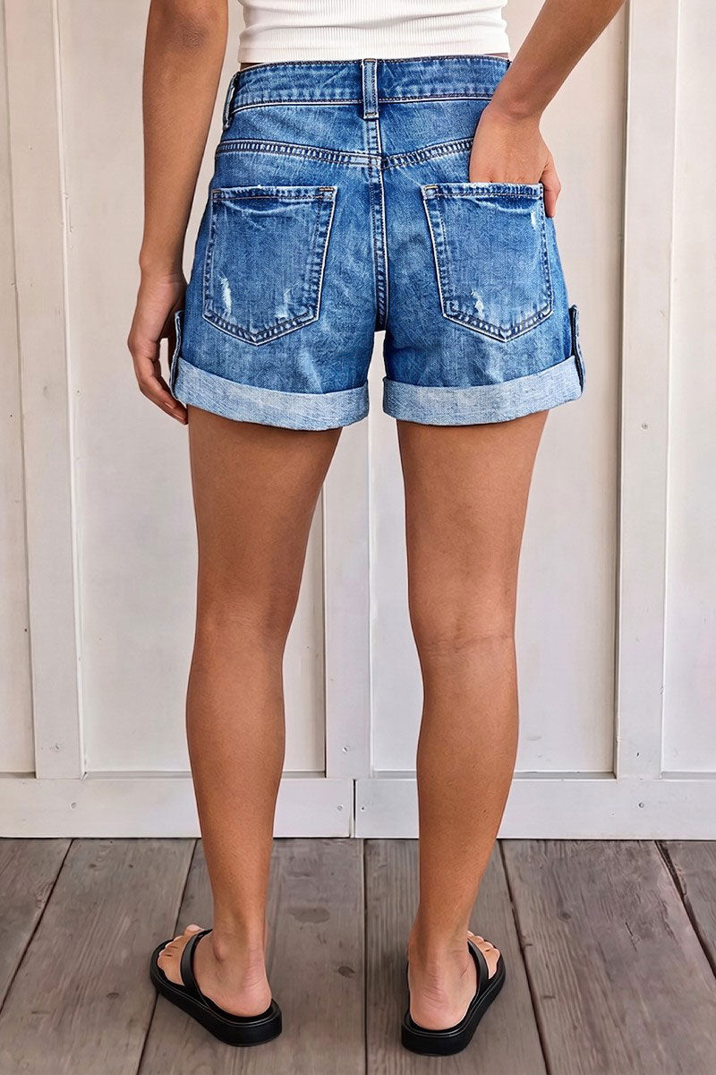 Roll Hem Button Tab Ripped Mid Waist Denim Shorts