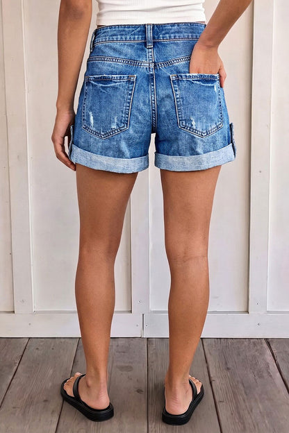 Roll Hem Button Tab Ripped Mid Waist Denim Shorts