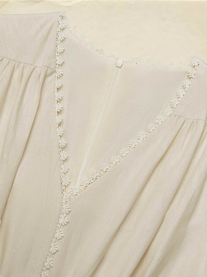 Robe longue en lin, manches longues, col en dentelle, unie, pour un thé, couleur abricot