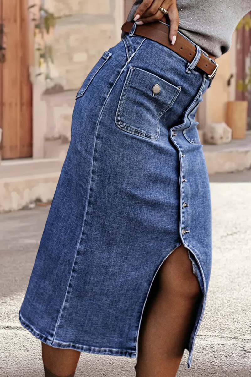 Wash Split Hem Button Up Midi Denim Skirt Without Belt