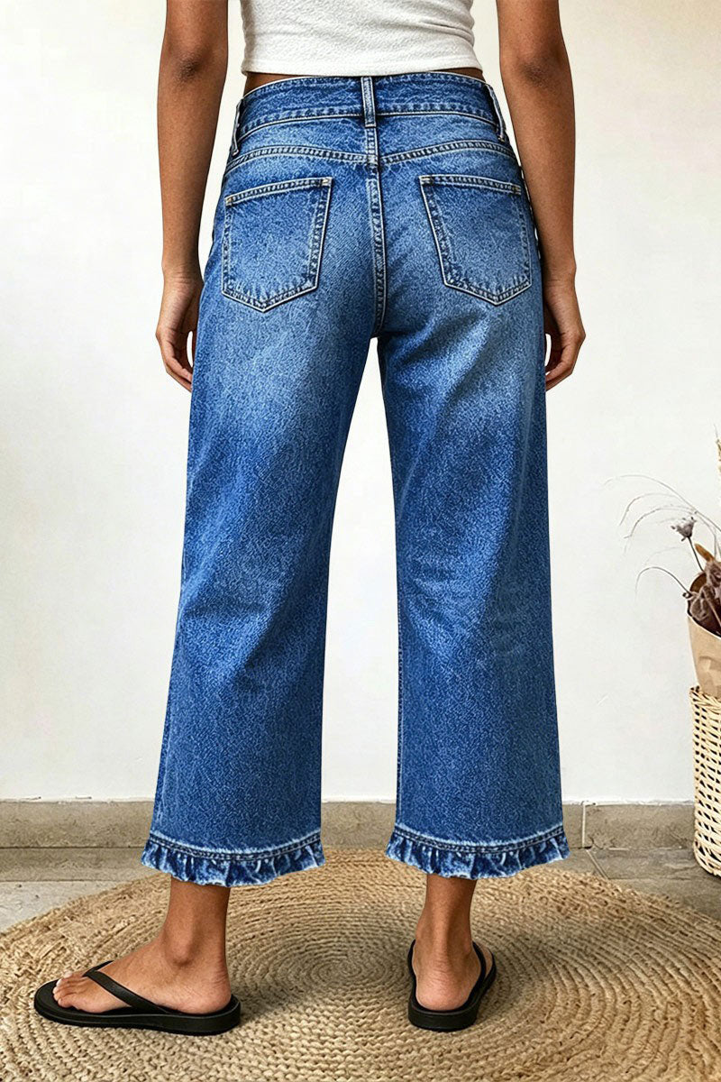 Wash Ruffle Hem Asymmetrical Mid Waist Wide Leg Cropped Jeans