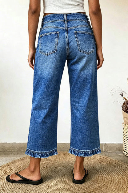 Wash Ruffle Hem Asymmetrical Mid Waist Wide Leg Cropped Jeans